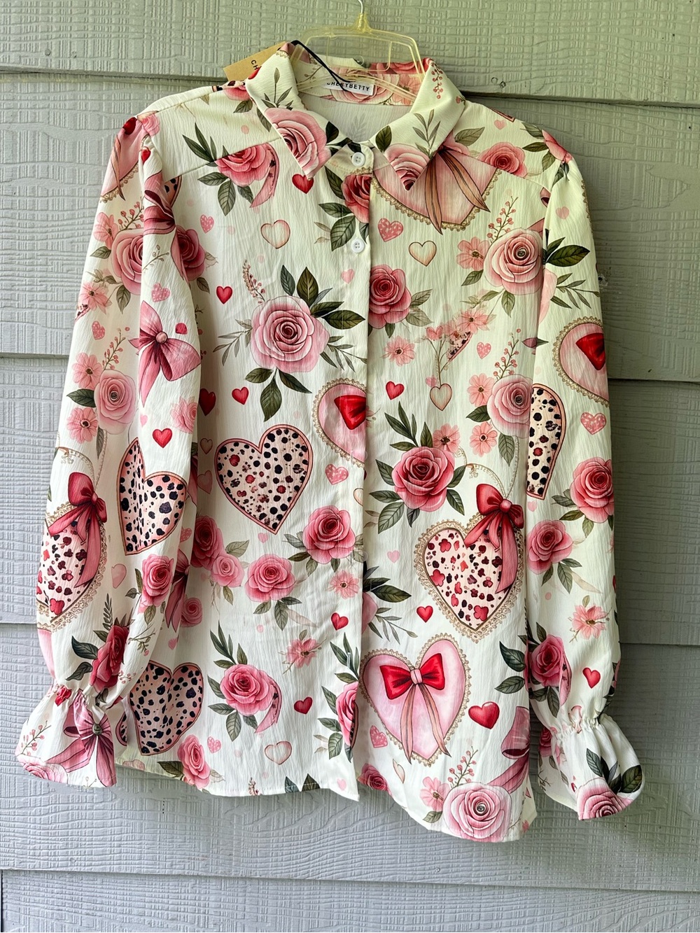 Cherrybetty Colorful Hearts Floral  Puff Sleeve Button Front Shirt NWT ~L